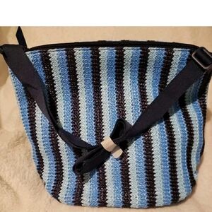 Vera Bradley Navy Wave Stripe Straw Bucket Crossbody Zip Top NWT